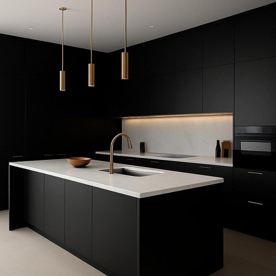 Black island kitchen, brass pendants