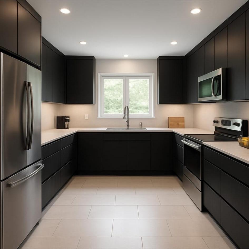 Matte black U-shaped kitchen