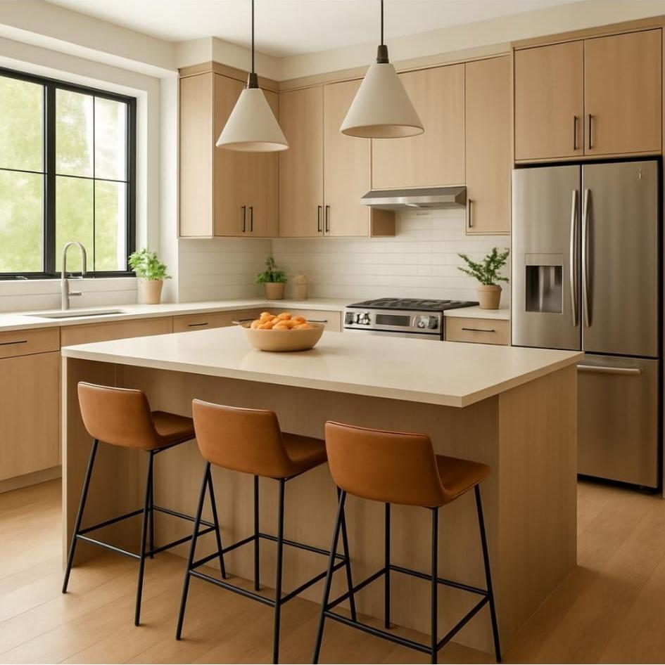 Oak island kitchen with leather stools